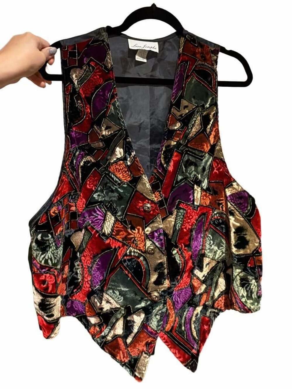 Lisa Josephs Vintage Velvet Geometric Patchwork Button Up Vest Medium